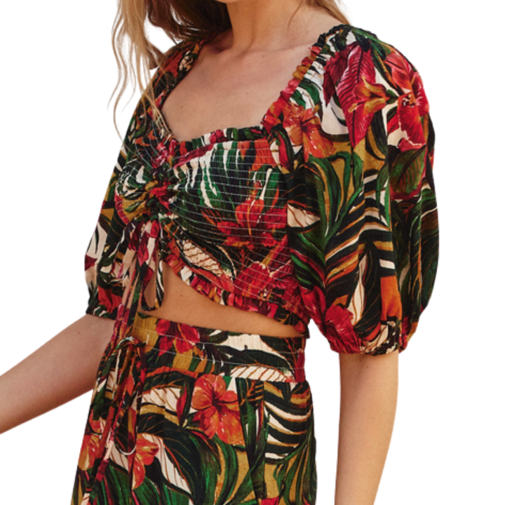 DRESS FORUM MAUI SMOCKED AND RUCHED CROP TOP