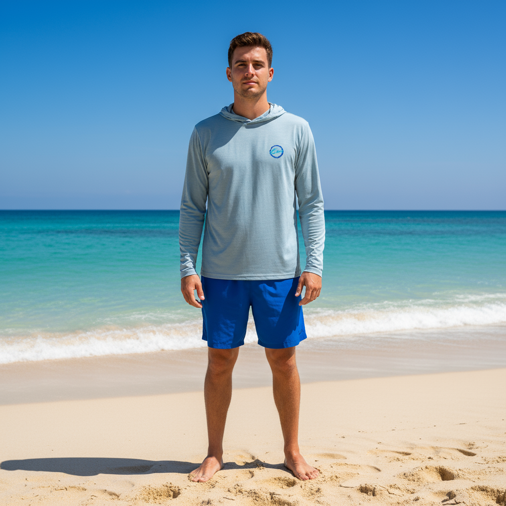 A blue rashguard hoodie with a hood, featuring a small blue logo on the chest and a visible brand tag.