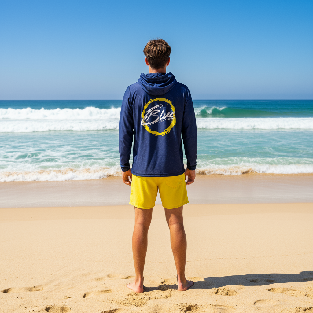 Navy blue hoodie with a yellow and white logo on the back, on a white background