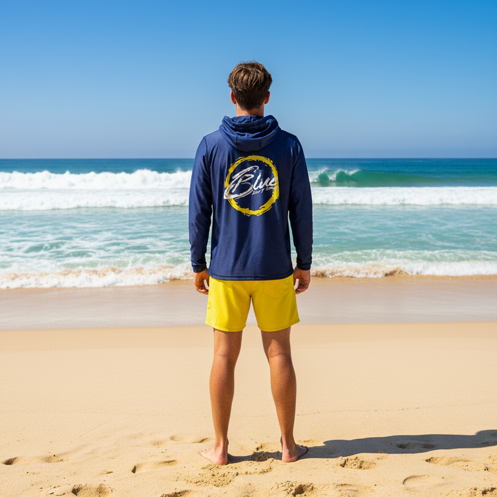 Navy blue hoodie with a yellow and white logo on the back, on a white background